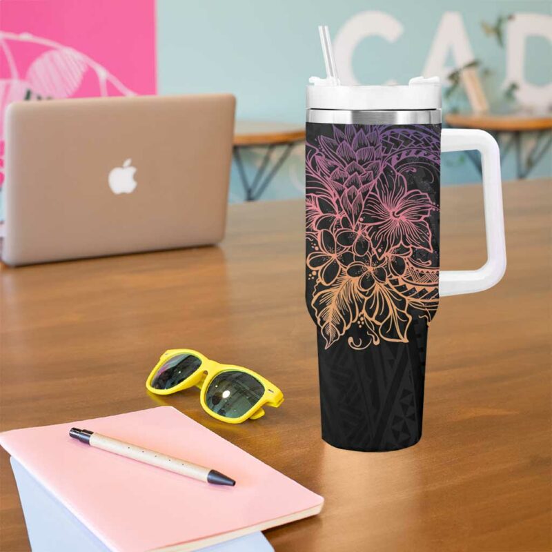 Floral Polynesian Hibiscus Tattoo Peach Gradient Custom Stanley Quencher 40oz Stainless Steel Tumbler With Handle - Threewoofs - Image 5
