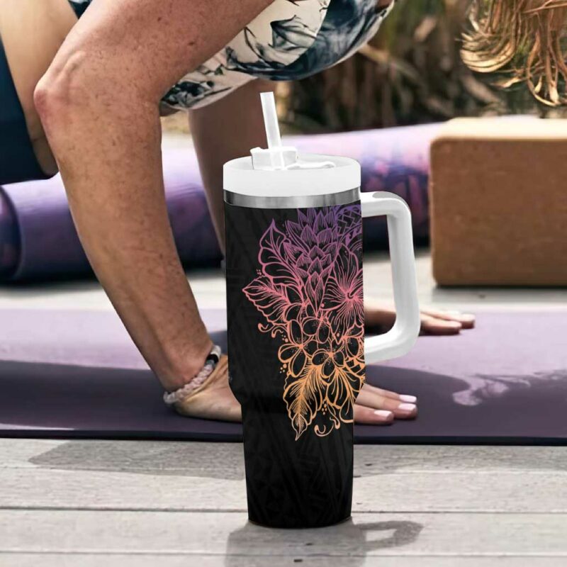 Floral Polynesian Hibiscus Tattoo Peach Gradient Custom Stanley Quencher 40oz Stainless Steel Tumbler With Handle - Threewoofs - Image 6