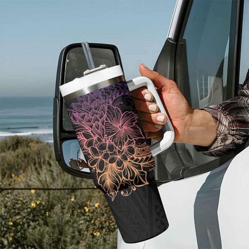Floral Polynesian Hibiscus Tattoo Peach Gradient Custom Stanley Quencher 40oz Stainless Steel Tumbler With Handle - Threewoofs - Image 7