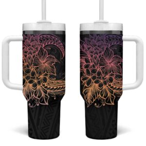 Floral Polynesian Hibiscus Tattoo Peach Gradient Custom Stanley Quencher 40oz Stainless Steel Tumbler With Handle - Threewoofs