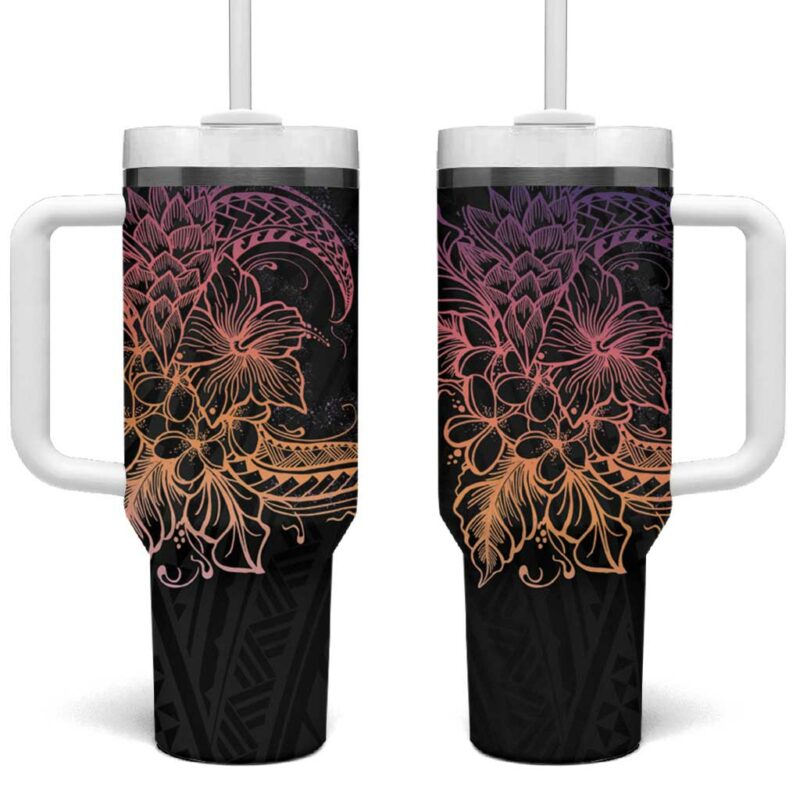 Floral Polynesian Hibiscus Tattoo Peach Gradient Custom Stanley Quencher 40oz Stainless Steel Tumbler With Handle - Threewoofs