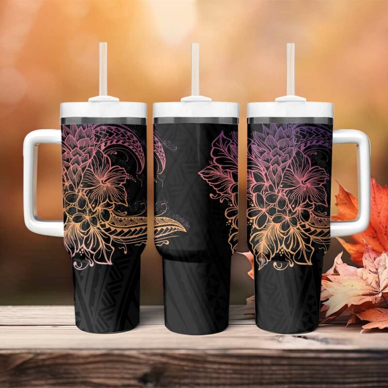 Floral Polynesian Hibiscus Tattoo Peach Gradient Custom Stanley Quencher 40oz Stainless Steel Tumbler With Handle - Threewoofs - Image 4