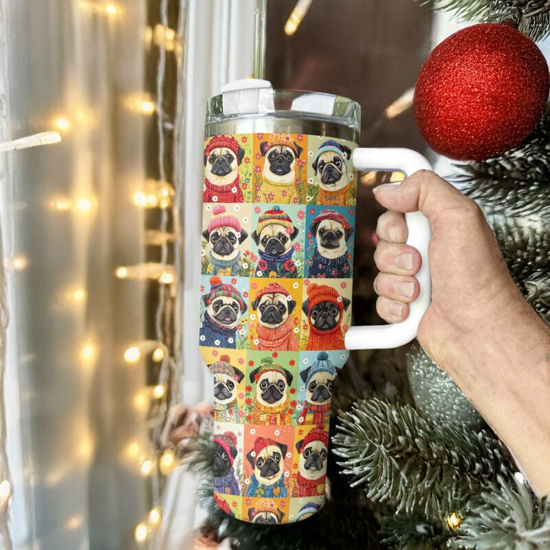 Floral Pug Dog Sweater Custom Stanley Quencher 40oz Stainless Steel Tumbler With Handle - Threewoofs - Image 4