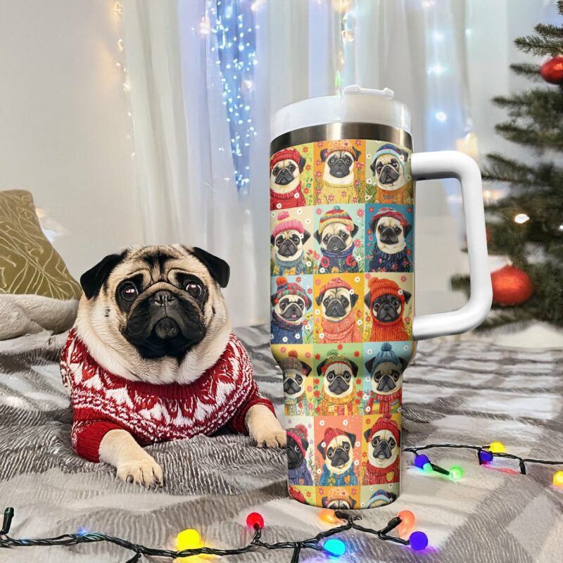 Floral Pug Dog Sweater Custom Stanley Quencher 40oz Stainless Steel Tumbler With Handle - Threewoofs - Image 2
