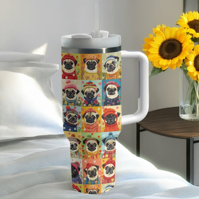 Floral Pug Dog Sweater Custom Stanley Quencher 40oz Stainless Steel Tumbler With Handle - Threewoofs - Image 3