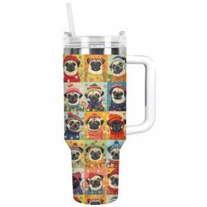 Floral Pug Dog Sweater Custom Stanley Quencher 40oz Stainless Steel Tumbler With Handle - Threewoofs