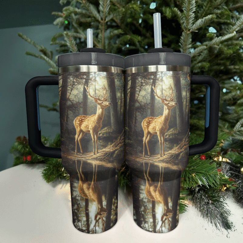 Forest Serenity And Deer Custom Stanley Quencher 40oz Stainless Steel Tumbler With Handle - Threewoofs - Image 3