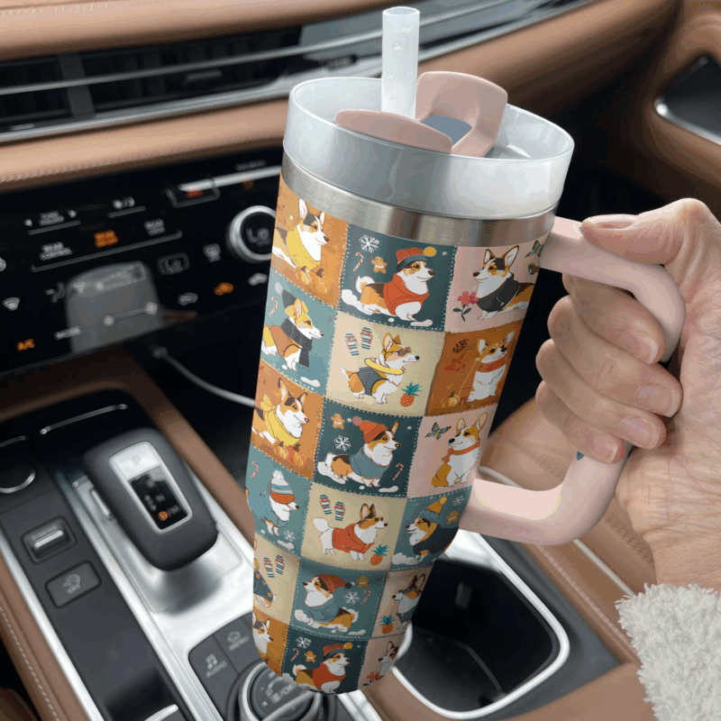 Four Seasons Corgi Charm Christmas Custom Stanley Quencher 40oz Stainless Steel Tumbler With Handle - Threewoofs - Image 3