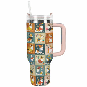 Four Seasons Corgi Charm Christmas Custom Stanley Quencher 40oz Stainless Steel Tumbler With Handle - Threewoofs