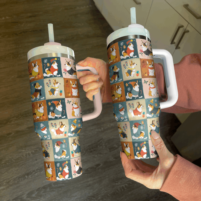 Four Seasons Corgi Charm Christmas Custom Stanley Quencher 40oz Stainless Steel Tumbler With Handle - Threewoofs - Image 2