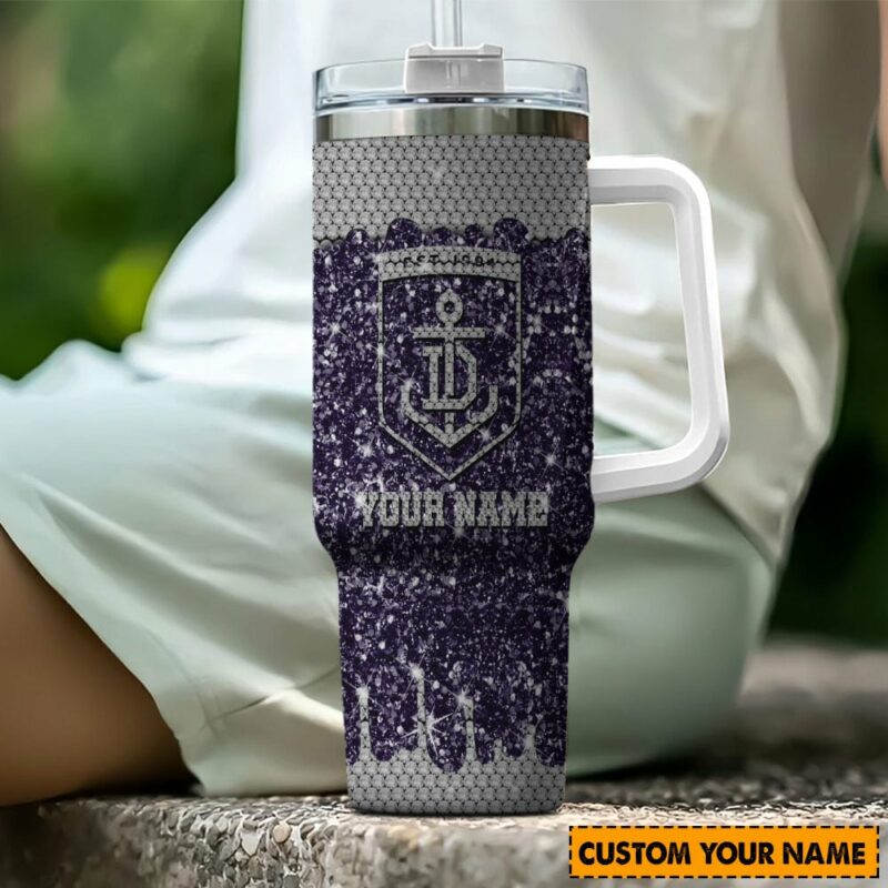 Fremantle Dockers AFL Sports Glitter Custom Stanley Quencher 40oz Stainless Steel Tumbler With Handle - Threewoofs