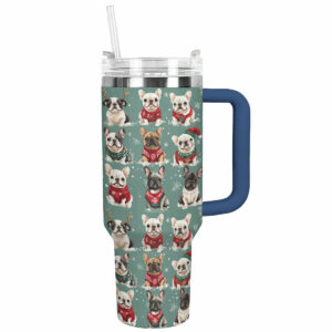 French Bulldogs In Xmas Sweaters Christmas Custom Stanley Quencher 40oz Stainless Steel Tumbler With Handle - Threewoofs