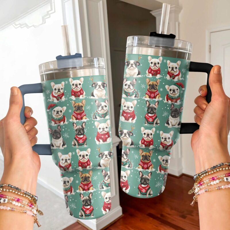 French Bulldogs In Xmas Sweaters Christmas Custom Stanley Quencher 40oz Stainless Steel Tumbler With Handle - Threewoofs - Image 2