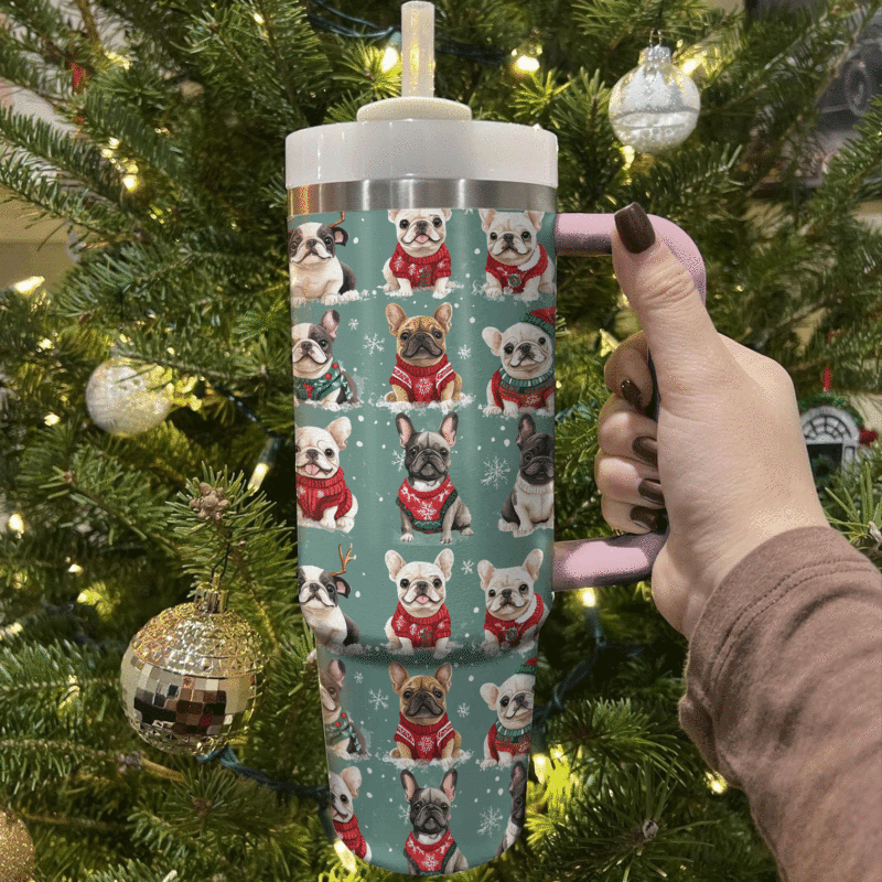 French Bulldogs In Xmas Sweaters Christmas Custom Stanley Quencher 40oz Stainless Steel Tumbler With Handle - Threewoofs - Image 3