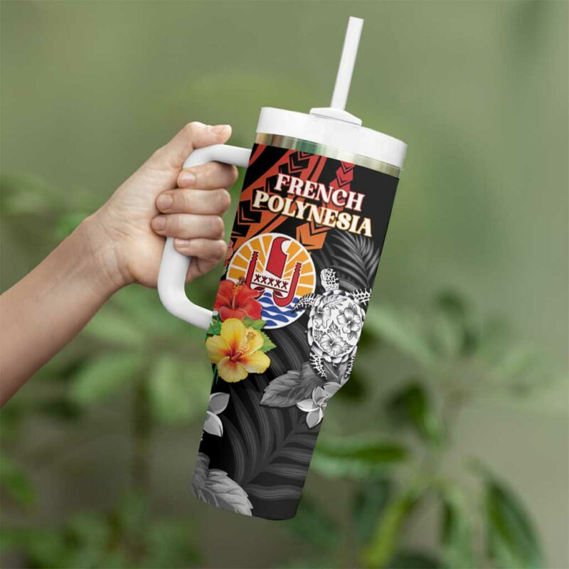 French Polynesia Bastille Day Tropical Turtle Hibiscus Polynesian Custom Stanley Quencher 40oz Stainless Steel Tumbler With Handle - Threewoofs - Image 3