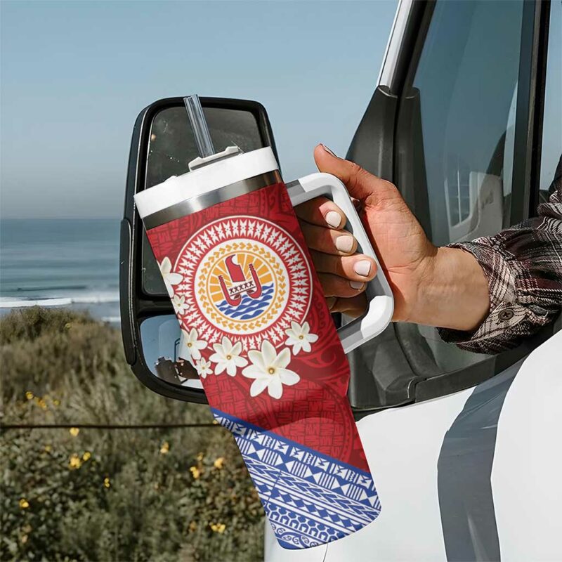 French Polynesia Tahitian Tiare Flowers Tribal Custom Stanley Quencher 40oz Stainless Steel Tumbler With Handle - Threewoofs - Image 7