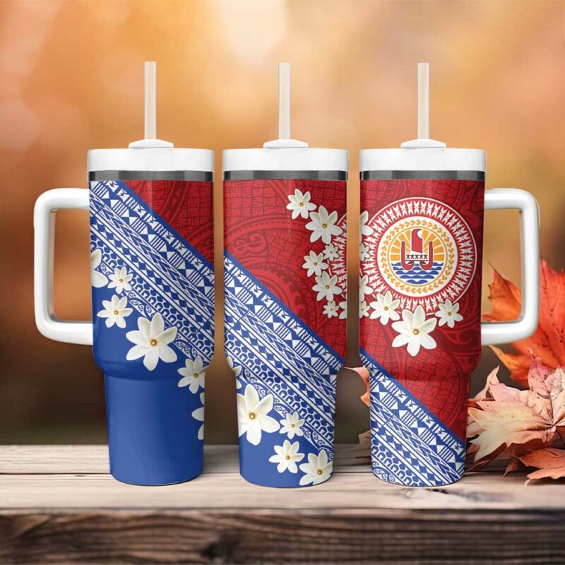 French Polynesia Tahitian Tiare Flowers Tribal Custom Stanley Quencher 40oz Stainless Steel Tumbler With Handle - Threewoofs - Image 4