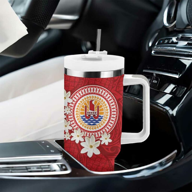 French Polynesia Tahitian Tiare Flowers Tribal Custom Stanley Quencher 40oz Stainless Steel Tumbler With Handle - Threewoofs - Image 8