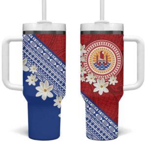 French Polynesia Tahitian Tiare Flowers Tribal Custom Stanley Quencher 40oz Stainless Steel Tumbler With Handle - Threewoofs