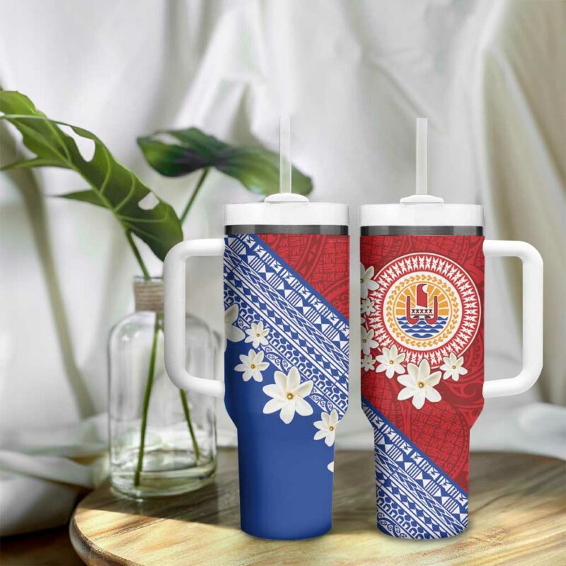 French Polynesia Tahitian Tiare Flowers Tribal Custom Stanley Quencher 40oz Stainless Steel Tumbler With Handle - Threewoofs - Image 9