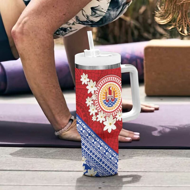 French Polynesia Tahitian Tiare Flowers Tribal Custom Stanley Quencher 40oz Stainless Steel Tumbler With Handle - Threewoofs - Image 6