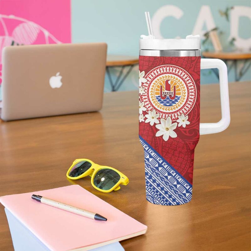 French Polynesia Tahitian Tiare Flowers Tribal Custom Stanley Quencher 40oz Stainless Steel Tumbler With Handle - Threewoofs - Image 5