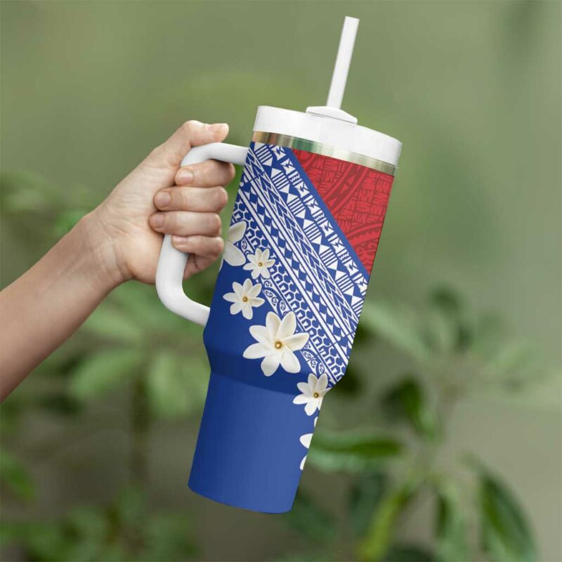 French Polynesia Tahitian Tiare Flowers Tribal Custom Stanley Quencher 40oz Stainless Steel Tumbler With Handle - Threewoofs - Image 3
