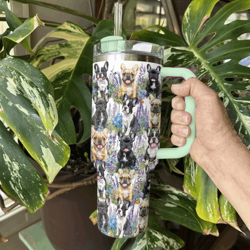 Frenchie Bulldog Flower Friends Custom Stanley Quencher 40oz Stainless Steel Tumbler With Handle - Threewoofs - Image 4