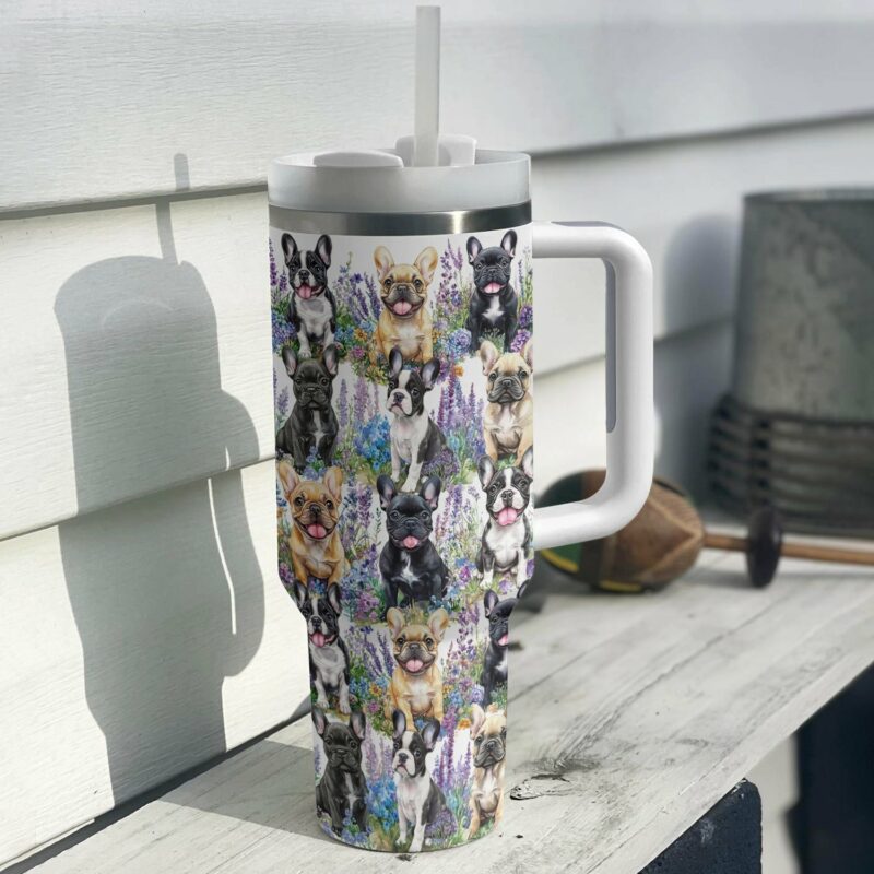 Frenchie Bulldog Flower Friends Custom Stanley Quencher 40oz Stainless Steel Tumbler With Handle - Threewoofs - Image 2
