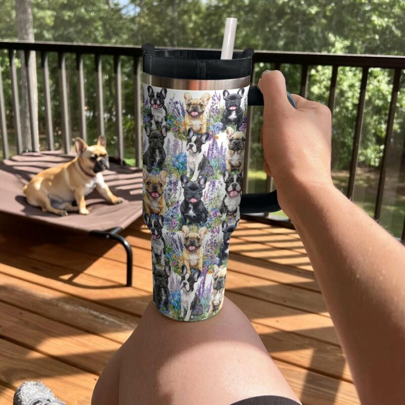 Frenchie Bulldog Flower Friends Custom Stanley Quencher 40oz Stainless Steel Tumbler With Handle - Threewoofs - Image 3