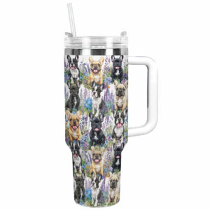 Frenchie Bulldog Flower Friends Custom Stanley Quencher 40oz Stainless Steel Tumbler With Handle - Threewoofs
