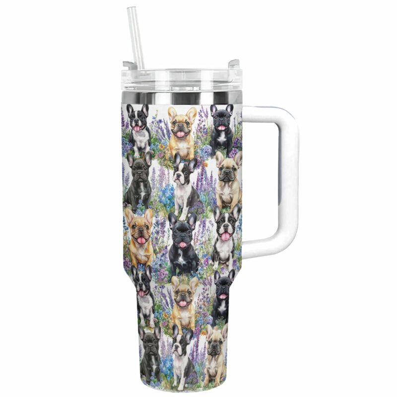 Frenchie Bulldog Flower Friends Custom Stanley Quencher 40oz Stainless Steel Tumbler With Handle - Threewoofs