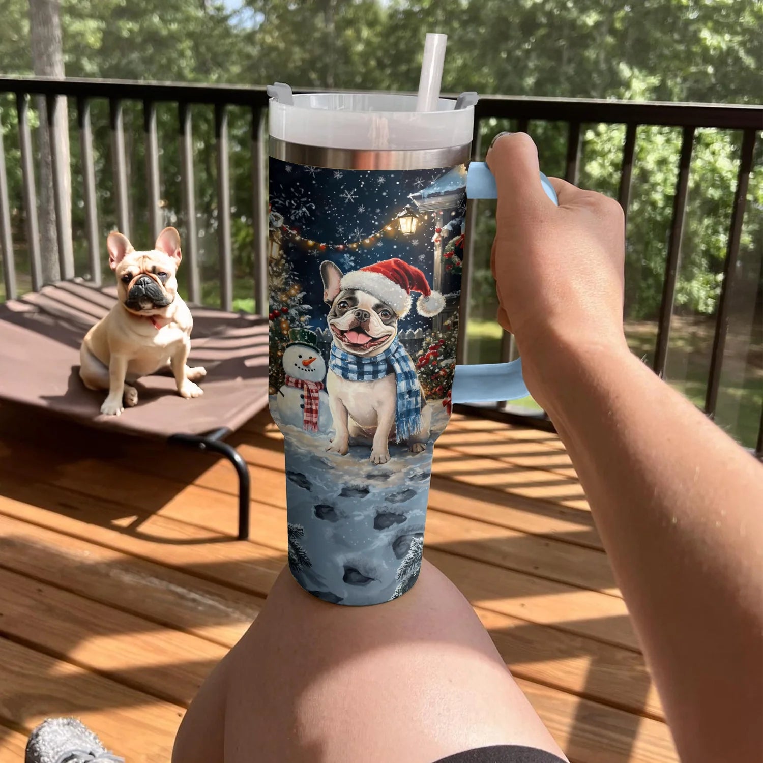 Frenchie Bulldog Winter Wonderland Christmas Custom Stanley Quencher 40oz Stainless Steel Tumbler With Handle - Threewoofs - Image 3