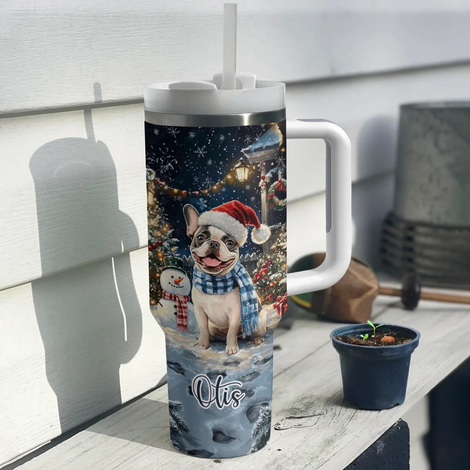 Frenchie Bulldog Winter Wonderland Christmas Custom Stanley Quencher 40oz Stainless Steel Tumbler With Handle - Threewoofs - Image 2
