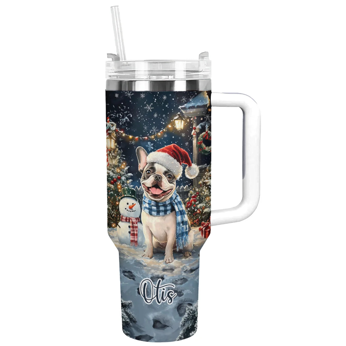 Frenchie Bulldog Winter Wonderland Christmas Custom Stanley Quencher 40oz Stainless Steel Tumbler With Handle - Threewoofs