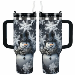 Frosty Elegance Snowman Christmas Custom Stanley Quencher 40oz Stainless Steel Tumbler With Handle - Threewoofs