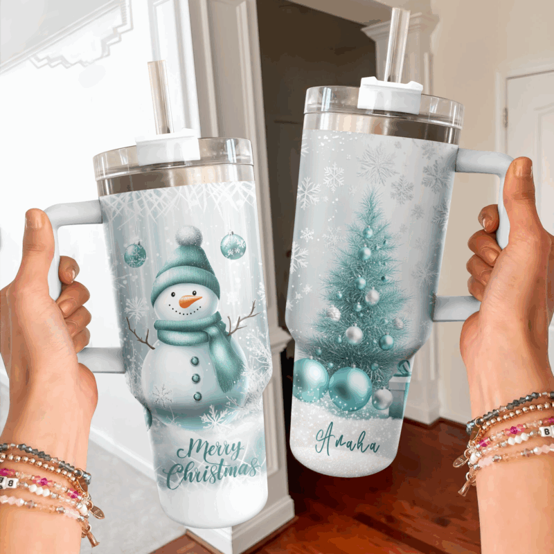 Frosty Mint Snowman Christmas Custom Stanley Quencher 40oz Stainless Steel Tumbler With Handle - Threewoofs - Image 2