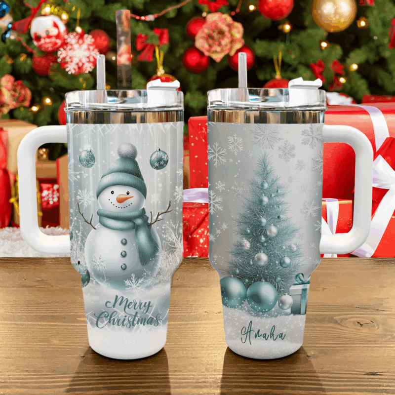 Frosty Mint Snowman Christmas Custom Stanley Quencher 40oz Stainless Steel Tumbler With Handle - Threewoofs - Image 3
