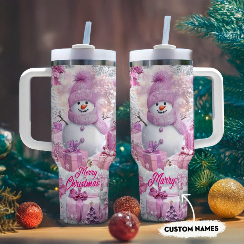Frosty Pink Snowman Christmas Custom Stanley Quencher 40oz Stainless Steel Tumbler With Handle - Threewoofs - Image 2