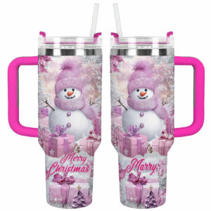 Frosty Pink Snowman Christmas Custom Stanley Quencher 40oz Stainless Steel Tumbler With Handle - Threewoofs