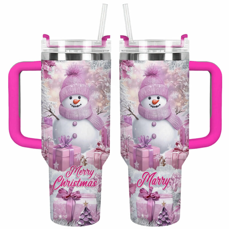Frosty Pink Snowman Christmas Custom Stanley Quencher 40oz Stainless Steel Tumbler With Handle - Threewoofs