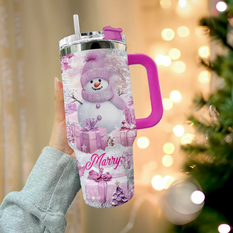 Frosty Pink Snowman Christmas Custom Stanley Quencher 40oz Stainless Steel Tumbler With Handle - Threewoofs - Image 3