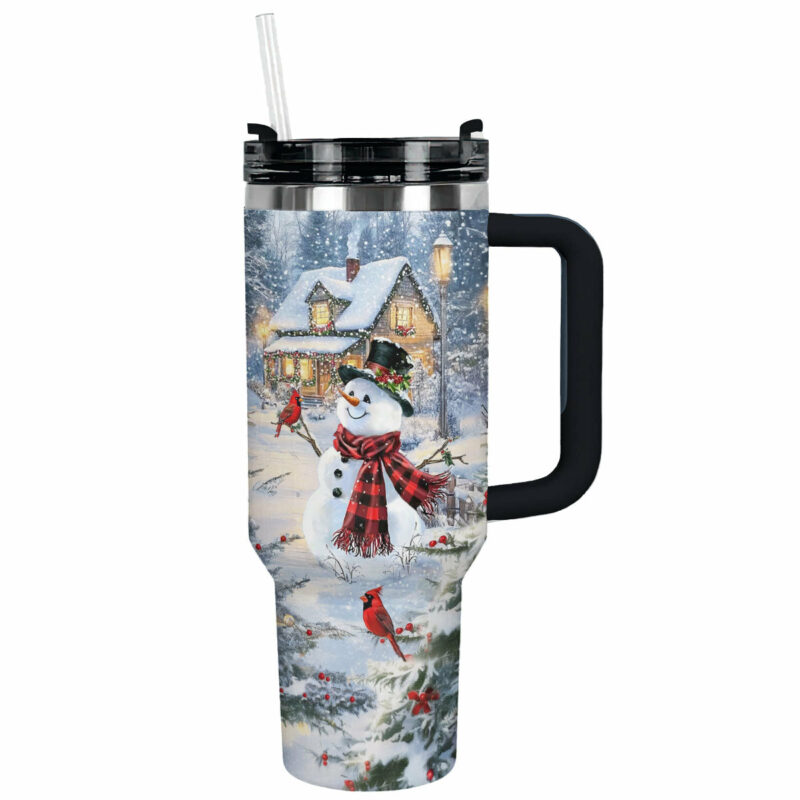 Frosty Snowman Cabin Delight Christmas Custom Stanley Quencher 40oz Stainless Steel Tumbler With Handle - Threewoofs