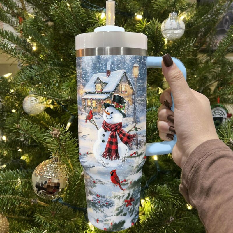 Frosty Snowman Cabin Delight Christmas Custom Stanley Quencher 40oz Stainless Steel Tumbler With Handle - Threewoofs - Image 3