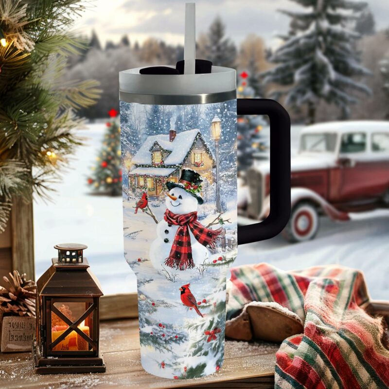 Frosty Snowman Cabin Delight Christmas Custom Stanley Quencher 40oz Stainless Steel Tumbler With Handle - Threewoofs - Image 2