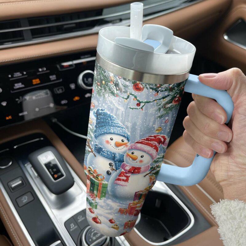 Frosty Snowman Couple Christmas Custom Stanley Quencher 40oz Stainless Steel Tumbler With Handle - Threewoofs - Image 3