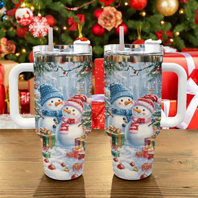 Frosty Snowman Couple Christmas Custom Stanley Quencher 40oz Stainless Steel Tumbler With Handle - Threewoofs - Image 2