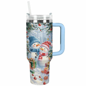 Frosty Snowman Couple Christmas Custom Stanley Quencher 40oz Stainless Steel Tumbler With Handle - Threewoofs