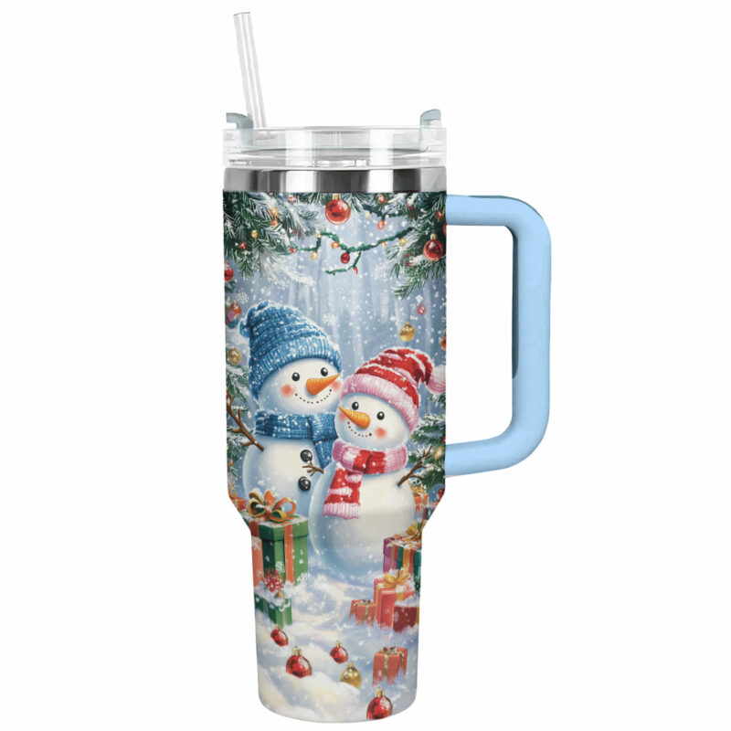 Frosty Snowman Couple Christmas Custom Stanley Quencher 40oz Stainless Steel Tumbler With Handle - Threewoofs