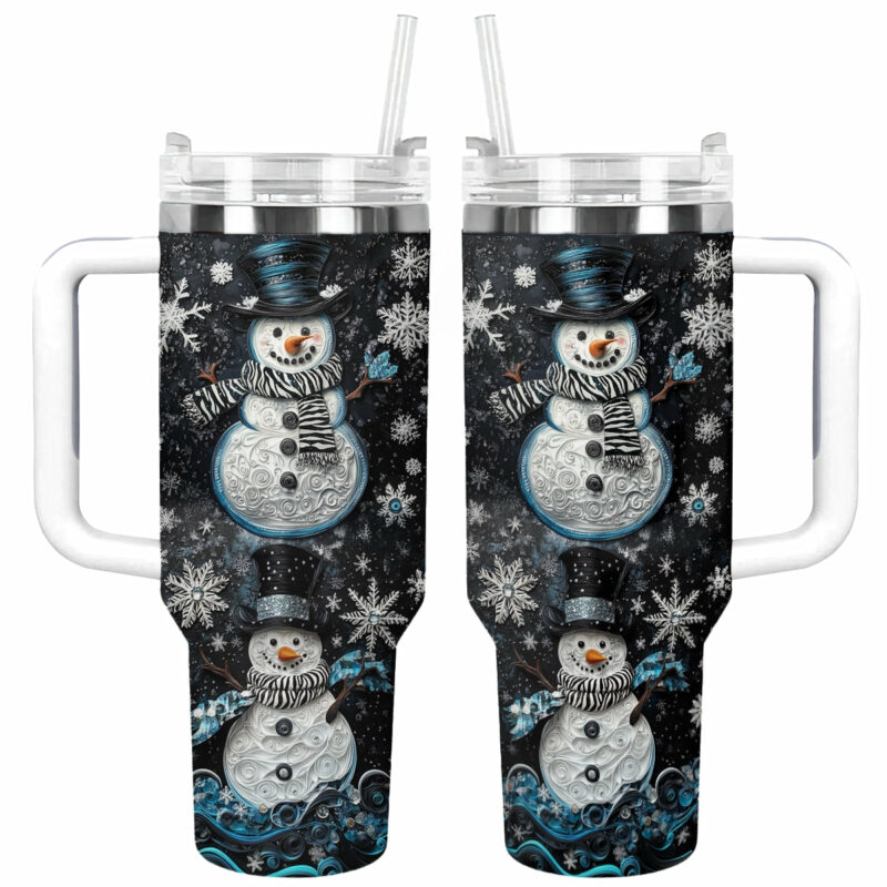 Frosty Snowman Elegance Christmas Custom Stanley Quencher 40oz Stainless Steel Tumbler With Handle - Threewoofs